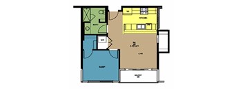A floor plan of a house with a kitchen, living room, and bathroom.