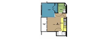 A floor plan of a room with a bed, bathroom, kitchen, and living room.