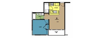 A floor plan of a small apartment with a kitchen, bathroom, and living room.