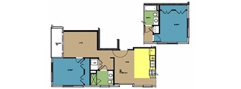 A floor plan of a house with a living room, dining room, kitchen, and bathroom.
