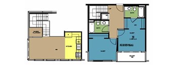 A floor plan of a house with two bedrooms, a living room, a kitchen, and a bathroom.