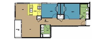 A floor plan of a house with a kitchen, living room, and two bedrooms.