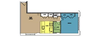A floor plan of a house with a kitchen, living room, and bathrooms.