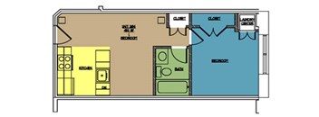 A floor plan of a house with a kitchen, living room, and two bedrooms.