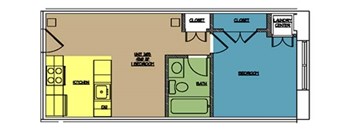 A floor plan of a building with a gym, kitchen, and living room.