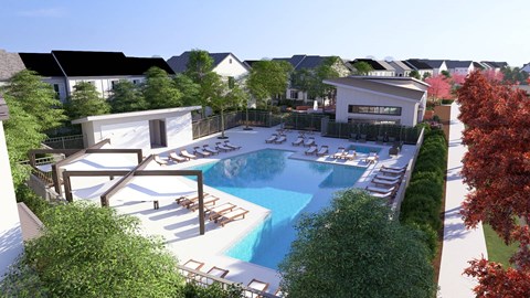 A large outdoor swimming pool surrounded by sun loungers and trees.