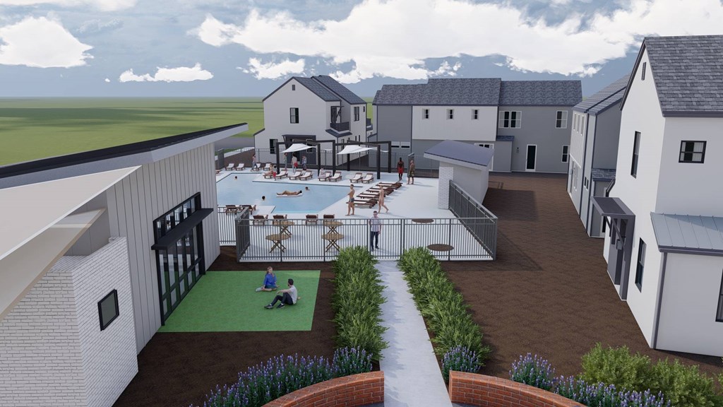 A rendering of a courtyard with a fence and a few people sitting on the grass.