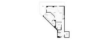 A black and white floor plan of a house with a patio, living room, kitchen, bedroom, WC, bath, and office.