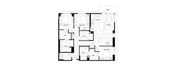 A black and white image of a house floor plan with a patio.