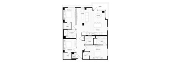 A black and white image of a house floor plan with a patio.
