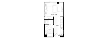 A floor plan of a small apartment with a bedroom, a kitchen, and a bathroom.