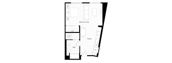 A floor plan of a small apartment with a bedroom, bathroom, kitchen, and closet.