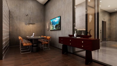 A modern dining room with a wooden table and chairs.
