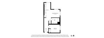A floor plan of a small apartment with a kitchen, living room, and bathroom.