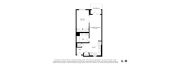 A floor plan of a house with a bedroom, bathroom, living/dining room, kitchen, and entry.