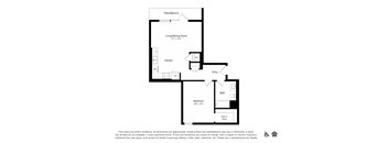 A floor plan of a home with a living/dining room, kitchen, bathroom, and bedroom.