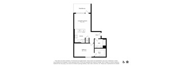 A floor plan of a home with a living/dining room, kitchen, bath, and bedroom.