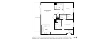 A floor plan of a house with a living/dining room, kitchen, two bathrooms, and two bedrooms.