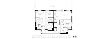 A floor plan of a house with three bedrooms and a living/dining room.