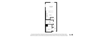 A floor plan of a one bedroom apartment with a kitchen and bath.