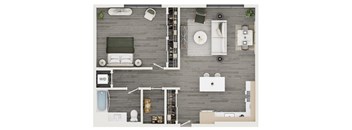 A top-down view of a well-organized bedroom with a bed, desk, and a chair.