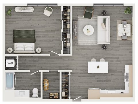 A top-down view of a well-organized bedroom with a bed, desk, and a chair.