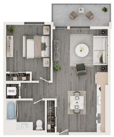 A top-down view of a room with a dining table and chairs, a couch, a bed, and a bathroom with a toilet and sink.