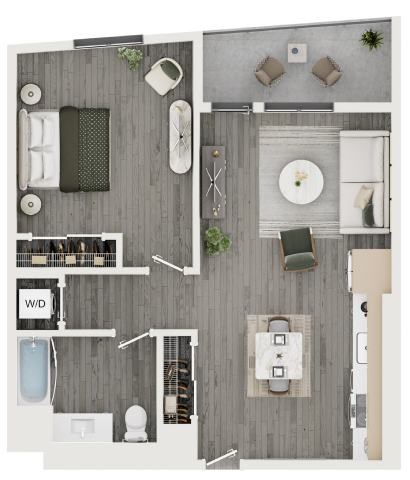 A floor plan of a small apartment with a kitchen, living room, and bathroom.