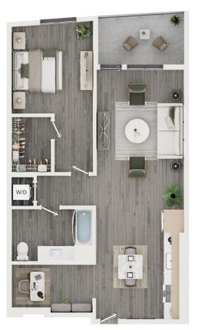 A floor plan of a small apartment with a kitchen, living room, and bathroom.