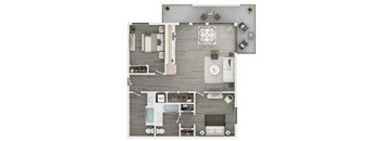A floor plan of a house with a living room, dining room, kitchen, and bathrooms.