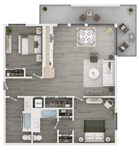 A floor plan of a house with a living room, dining room, kitchen, and bathrooms.