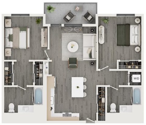 A floor plan of a house with a kitchen, living room, dining room, and bathrooms.