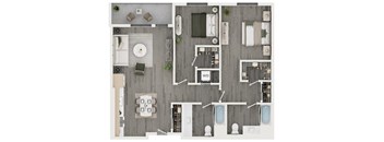 A top-down view of a room with a dining table, chairs, a couch, a TV, and a bathroom with a toilet and sink.