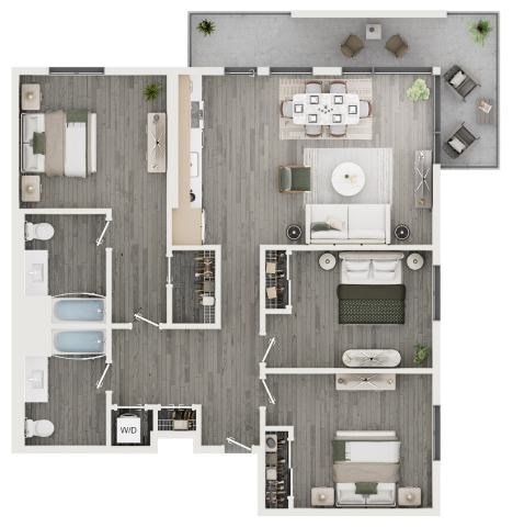 A floor plan of a house with a living room, dining room, kitchen, and multiple bathrooms.