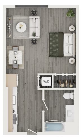 A floor plan of a small apartment with a kitchen, living room, and bathroom.