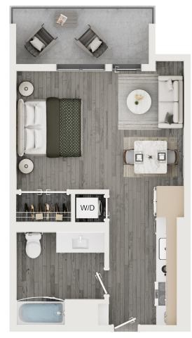 A floor plan of a small apartment with a kitchen, living room, and bathroom.