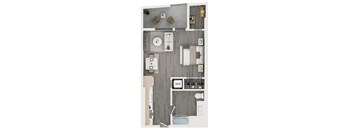 A floor plan of a small apartment with a kitchen, living room, and bathroom.