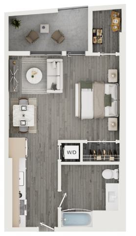 A floor plan of a small apartment with a kitchen, living room, and bathroom.