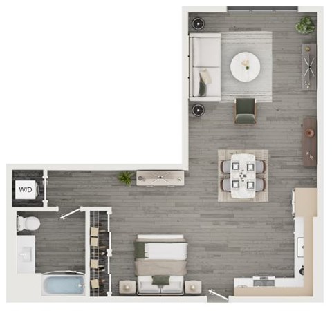 A top-down view of a modern apartment layout with a kitchen, living room, and bathroom.