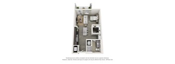 A 3D floor plan of a small apartment with a kitchen, living room, bedroom, and bathroom.