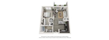 A 3D floor plan of a small apartment with a kitchen, living room, and bathroom.