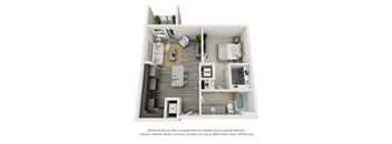 A 3D floor plan of a small apartment with a kitchen, living room, and bedroom.