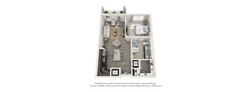 A 3D floor plan of a small apartment with a kitchen, living room, bedroom, and bathroom.