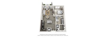 A 3D floor plan of a house with a kitchen, living room, and bedrooms.