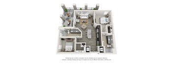 A 3D floor plan of a house with labeled rooms.
