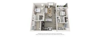 A 3D floor plan of a small apartment with a kitchen, living room, and bathroom.