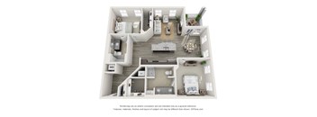 A 3D floor plan of a house with multiple rooms and furniture.