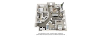 A 3D floor plan of a house with labeled rooms.