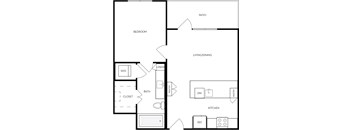 A black and white floor plan of a home with a bedroom, living/dining area, kitchen, and bathroom.