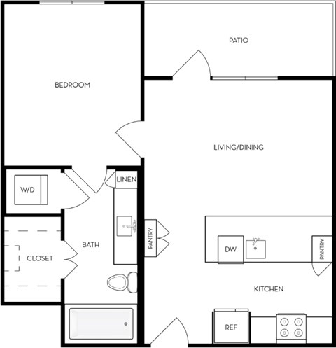 A black and white floor plan of a home with a bedroom, living/dining area, kitchen, and bathroom.